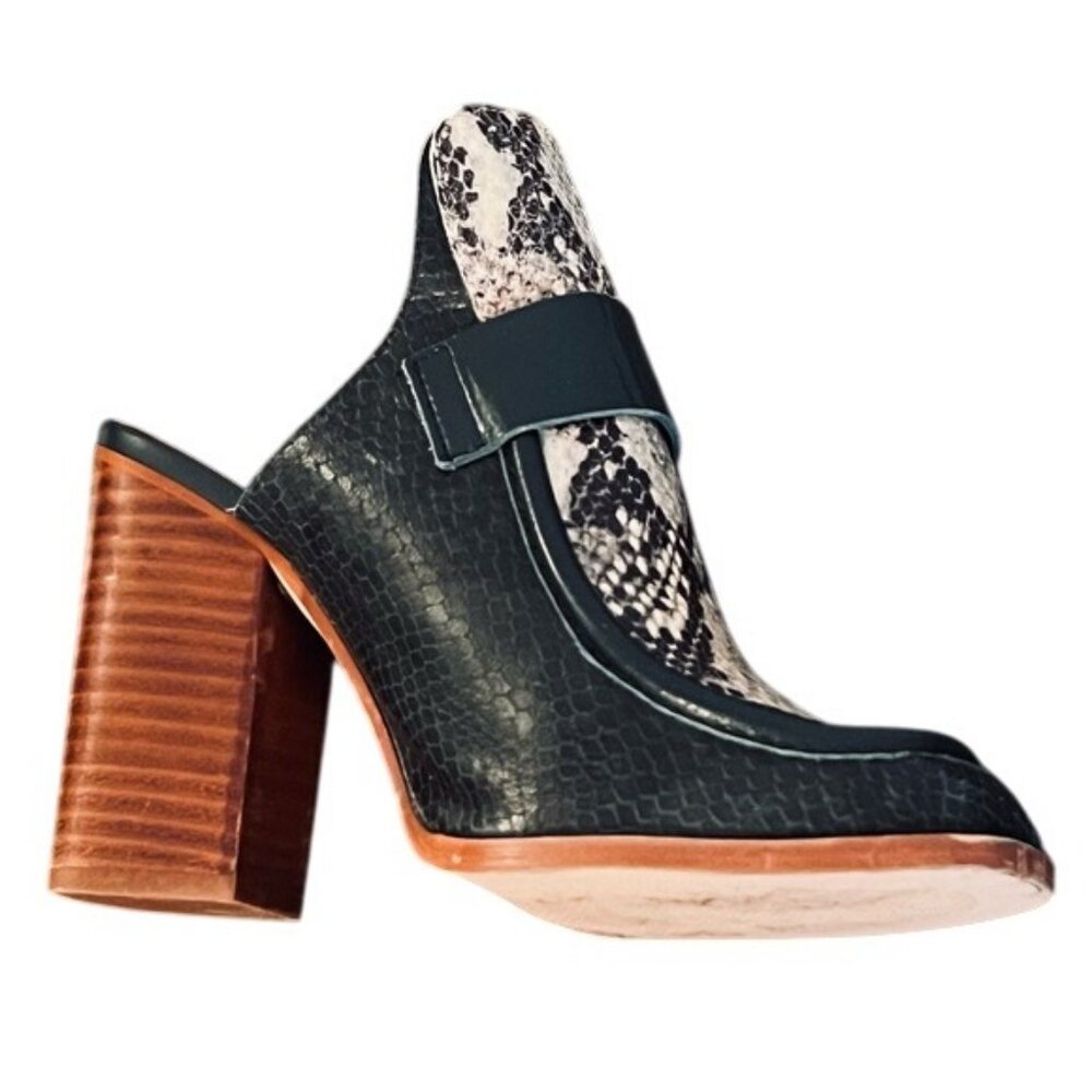 Zara Dark Green Leather & Snake-Print Block Heel Mules - Picture 4 of 11